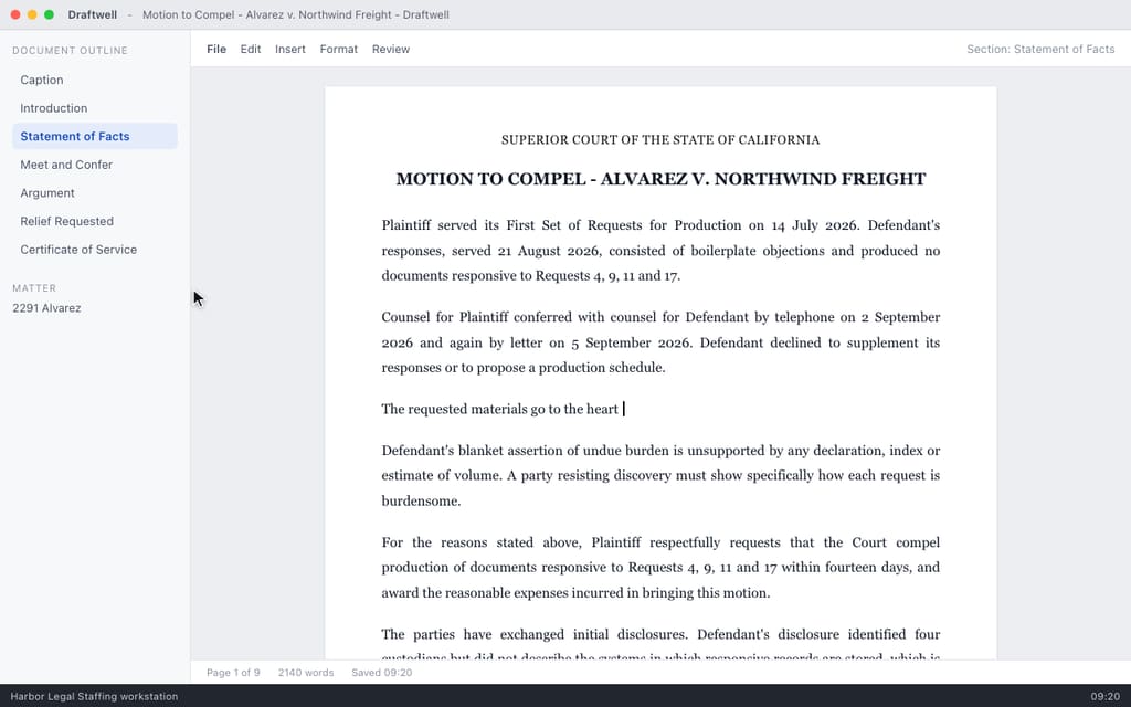 Draftwell showing the Motion to Compel, Alvarez v. Northwind Freight, in the Statement of Facts section.