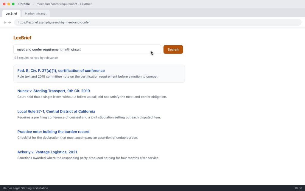 Chrome on LexBrief showing search results for meet and confer requirement.